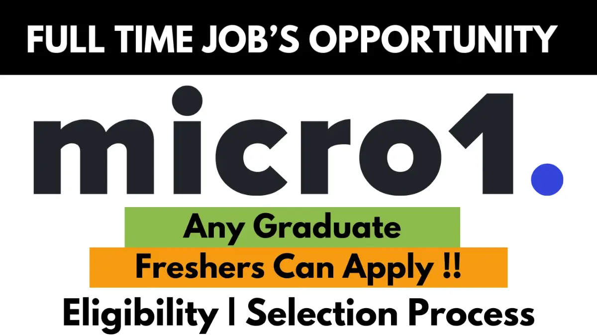 Banner advertising a full-time job opportunity at Micro1 for any graduate, including freshers. Highlights eligibility and selection process information.